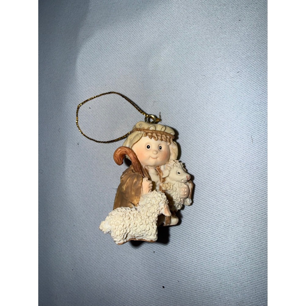Vintage Shepherd Boy with Lambs Christmas Ornament Resin Nativity Figurine 2.5in